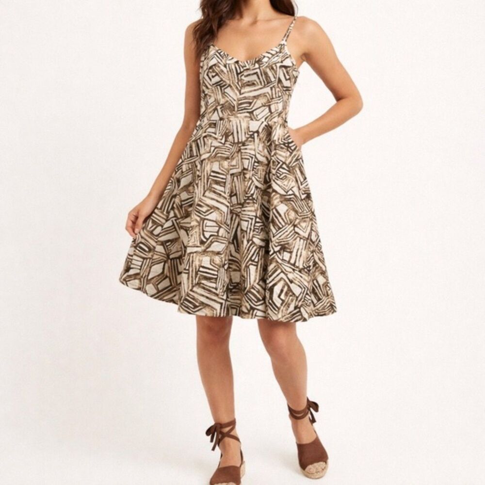 NWT Banana Republic 100% Linen Tribal Print Sundress Women’s Size 14 Brown Ivory